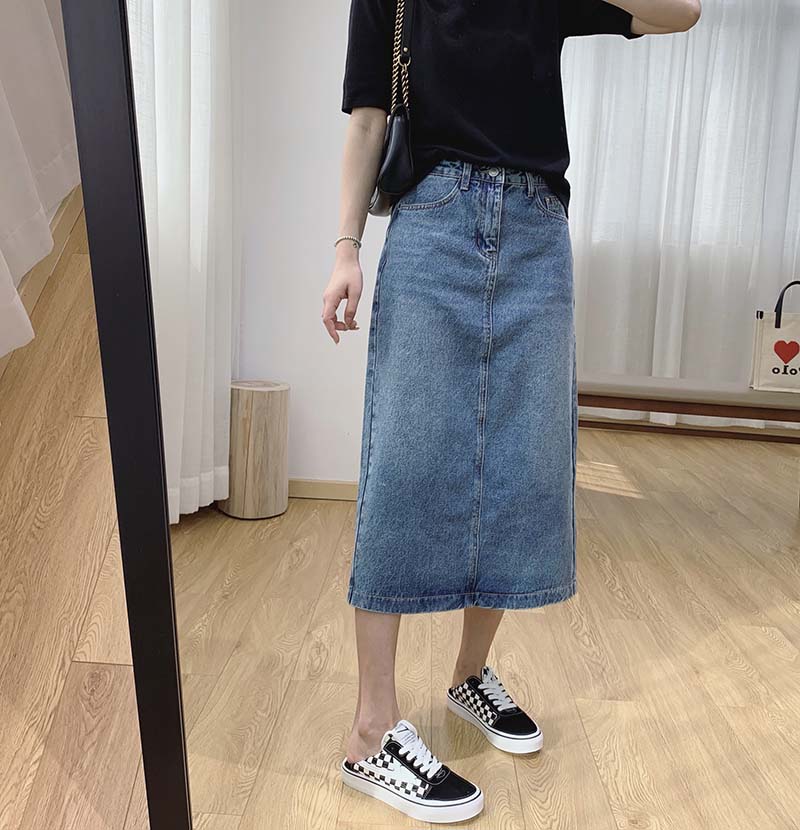 无弹后开叉复古高腰牛仔裙半身裙女夏