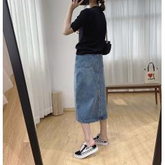 无弹后开叉复古高腰牛仔裙半身裙女夏