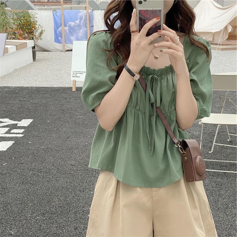 夏季法式甜美方领荷叶边娃娃衫上衣洋气短款设计感小众衬衫T恤女