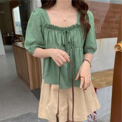 夏季法式甜美方领荷叶边娃娃衫上衣洋气短款设计感小众衬衫T恤女