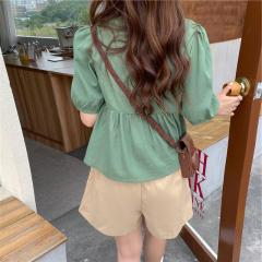 夏季法式甜美方领荷叶边娃娃衫上衣洋气短款设计感小众衬衫T恤女