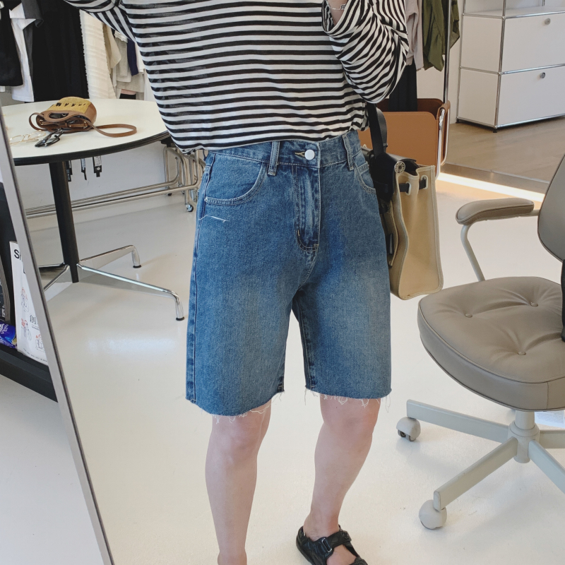 夏季推荐 韩国牛仔五分裤 夏日薄款牛仔短裤 毛边直筒中裤女