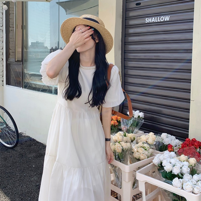 法式超仙泡泡袖连衣裙女新款韩版收腰裙子夏季显瘦气质中长裙