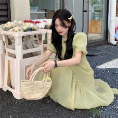 法式超仙泡泡袖连衣裙女新款韩版收腰裙子夏季显瘦气质中长裙