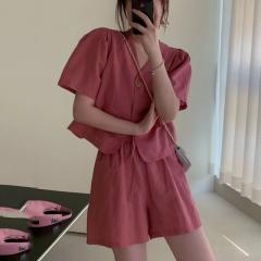 韩国洋气套装女夏季新款短袖西装外套高腰阔腿短裤法式气质两件套