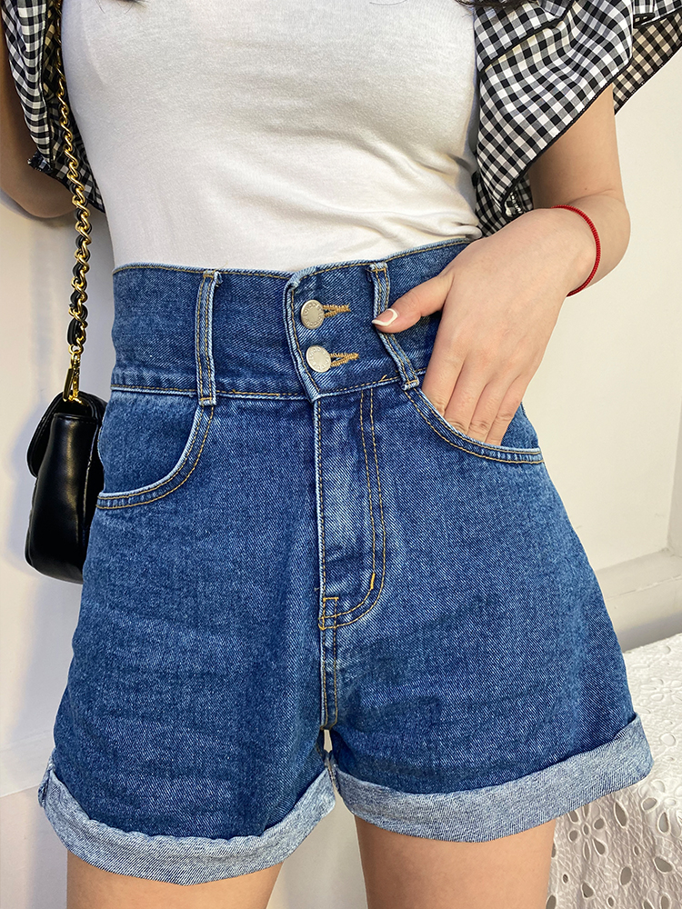 夏显瘦高腰两粒扣卷边牛仔裤短裤