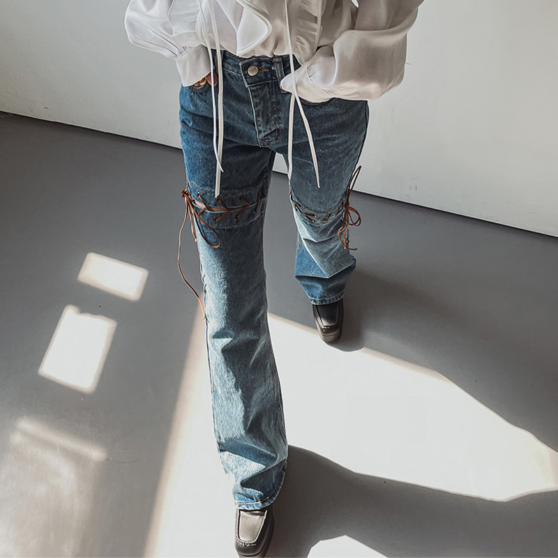 夏显瘦拼接系带水洗高腰喇叭牛仔裤