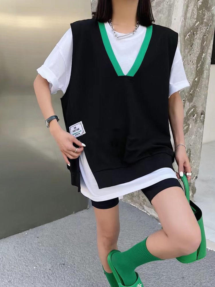 欧货两件套短袖T恤女新款韩版时尚简约V领设计感显瘦别致上衣