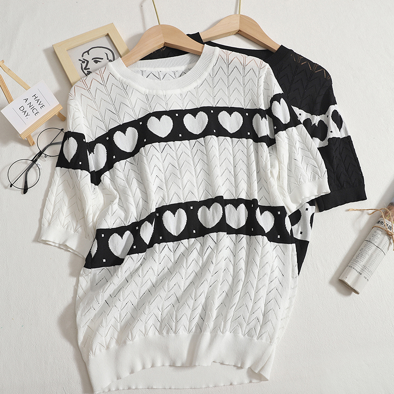 爱心短袖T恤薄款设计感上衣女百搭夏季圆领冰丝条纹镂空针织衫潮