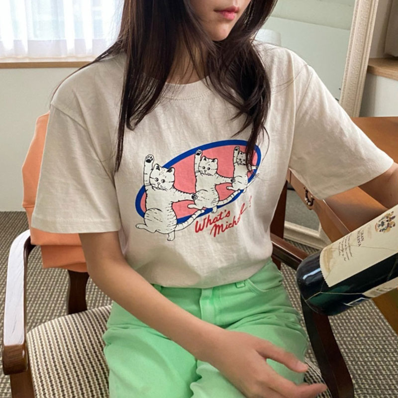 韩国chic夏季童趣减龄圆领卡通字母印花宽松百搭短袖T恤上衣女