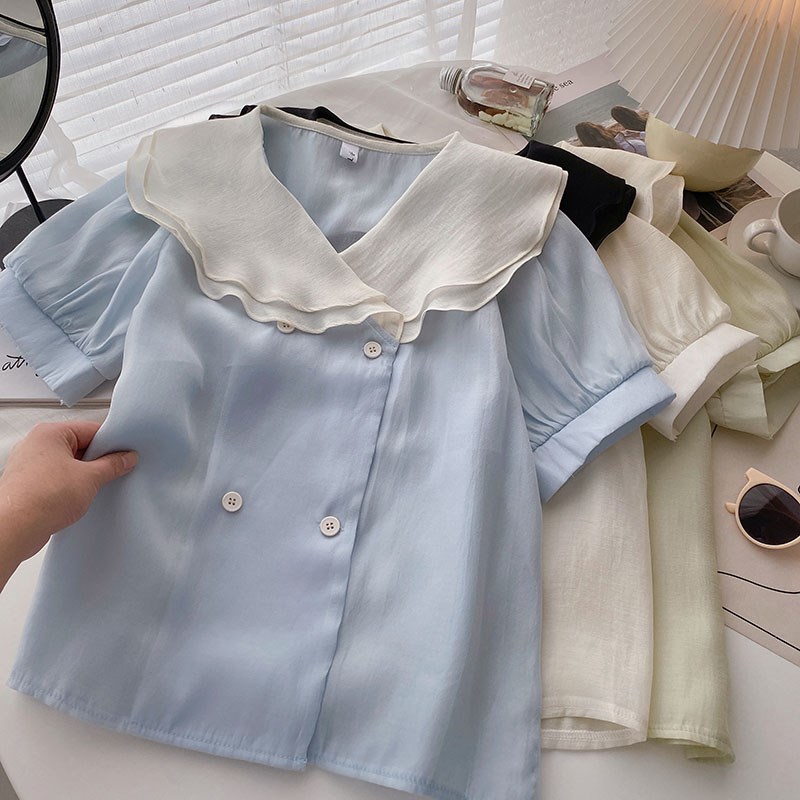 双层翻领单排扣短袖衬衫女夏季韩版百搭显瘦蓝色娃娃上衣潮