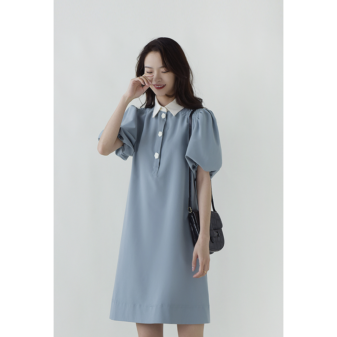 撞色POLO领连衣裙女夏气质显瘦a字裙