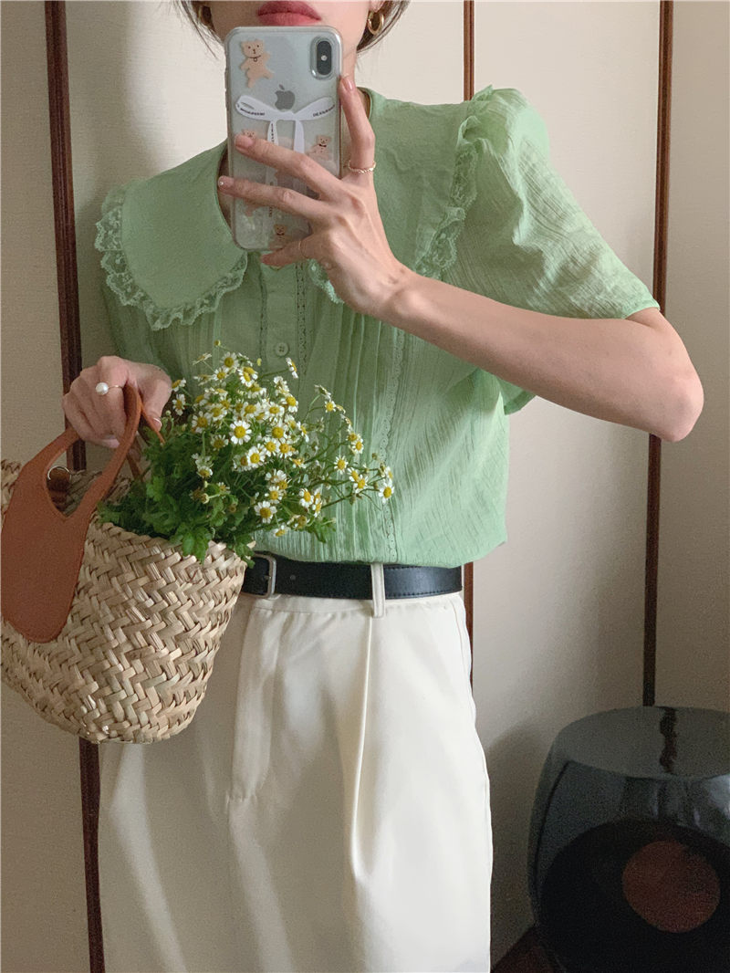 设计感小众娃娃领泡泡袖薄款短袖衬衫女夏季法式高级感显瘦上衣