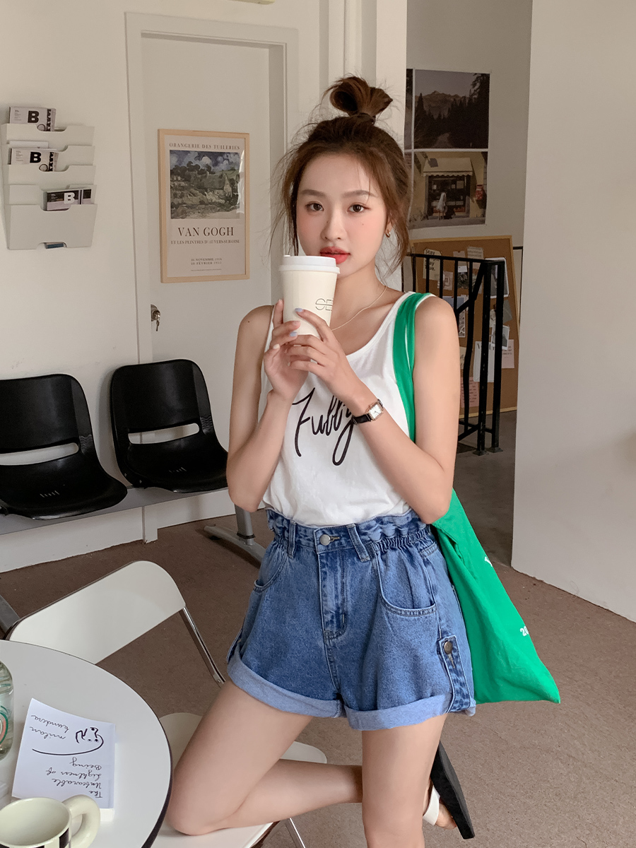 设计感宽松阔腿牛仔短裤女显瘦a字松紧腰