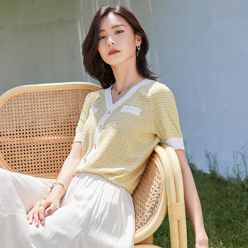 小香风v领短袖冰丝针织小衫女夏