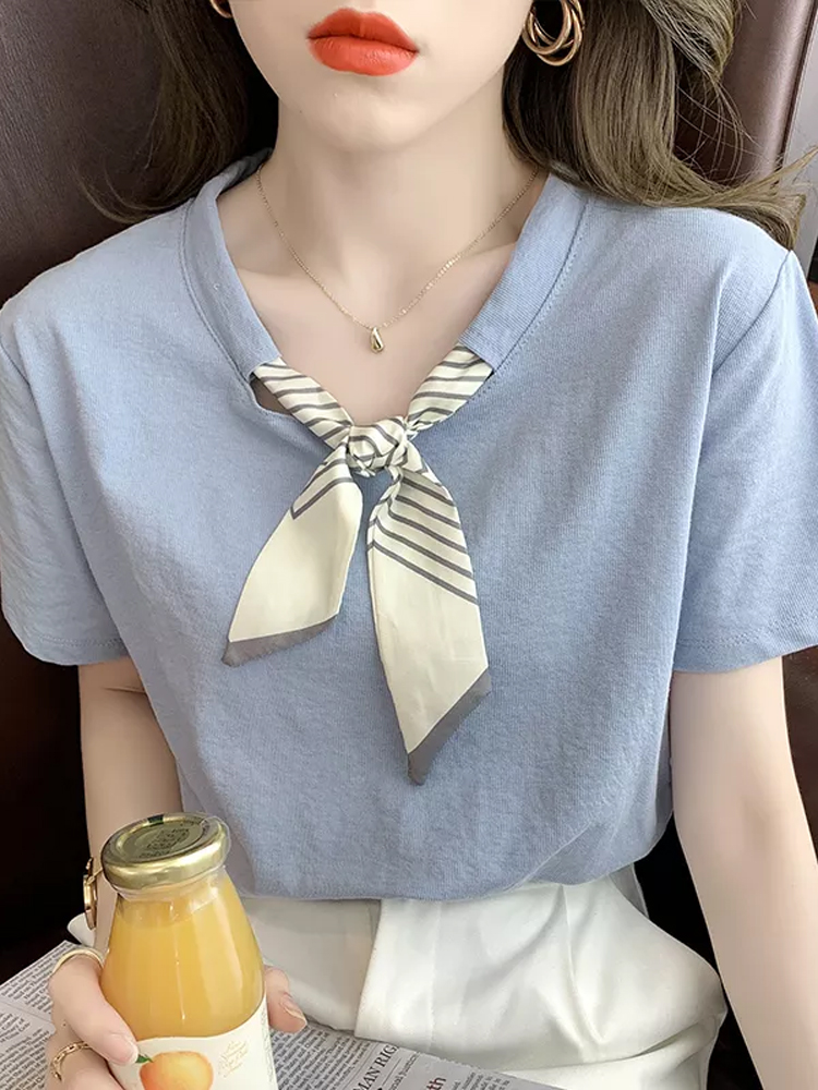 新款女装设计感小众蝴蝶结法式温柔风宽松纯棉短袖t恤