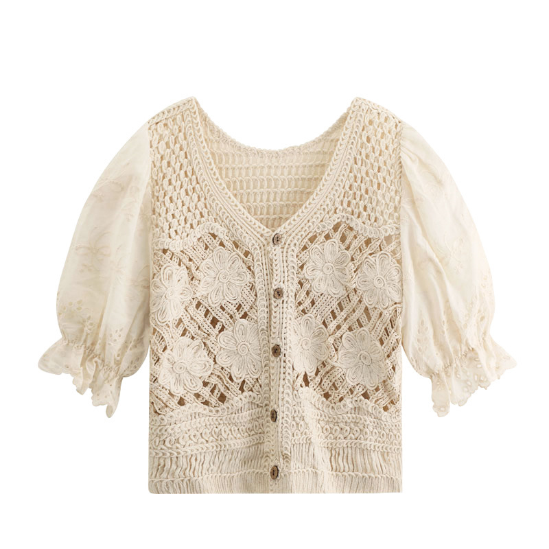 法式小香风钩针提花镂空短袖针织外套女夏显瘦时尚短款百搭上衣潮