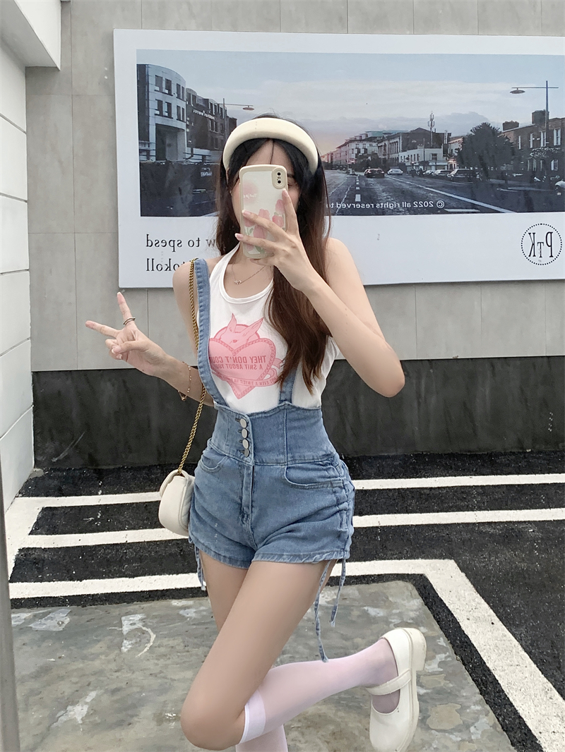 两穿吊带牛仔短裤女显瘦排扣侧边抽绳百搭提臀热裤