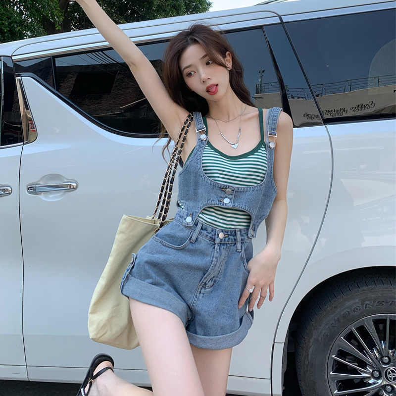 分体式牛仔背带短裤女夏季韩版新款甜酷辣妹设计感卷边阔腿裤