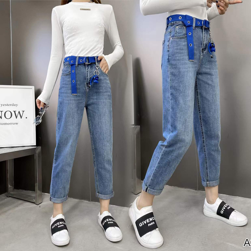 水洗牛仔裤女高腰宽松显瘦微垮哈伦裤直筒老爹裤