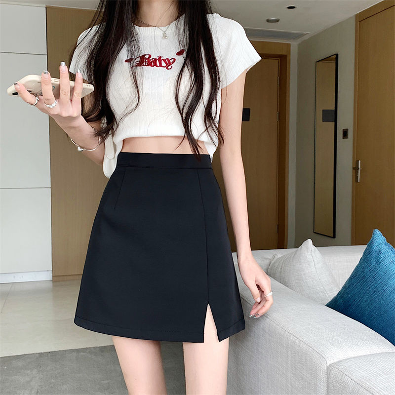 赫本风开叉半身裙女设计感小众a字裙高腰显瘦遮胯短裙梨形身材裙