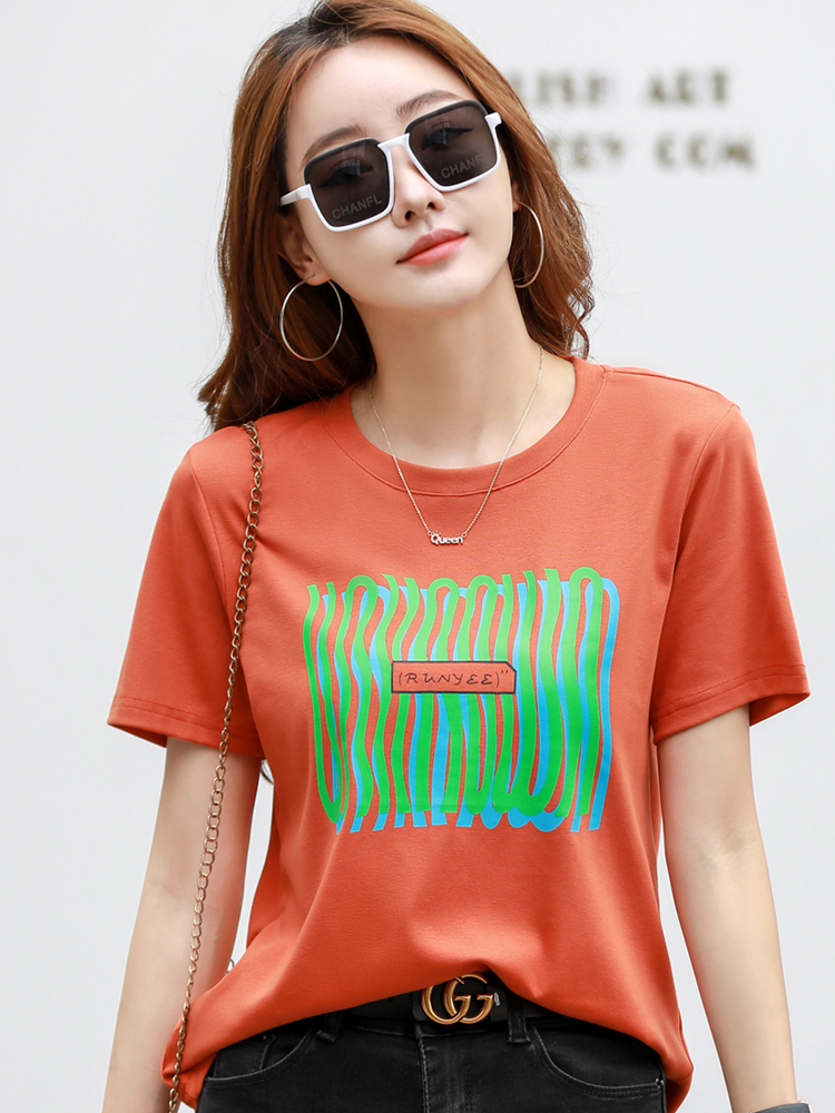 宽松印花短袖T恤女弹力棉夏新款抽象图案质感白绿桔色T恤衫