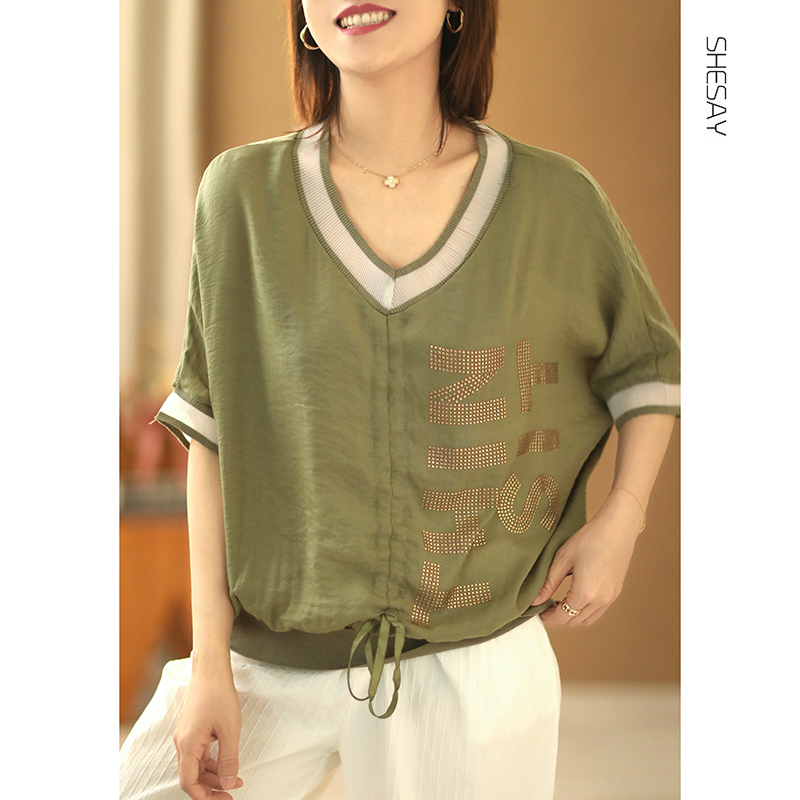 烫钻字母设计感韩版休闲宽松显瘦V领天丝T恤女半袖夏季薄款