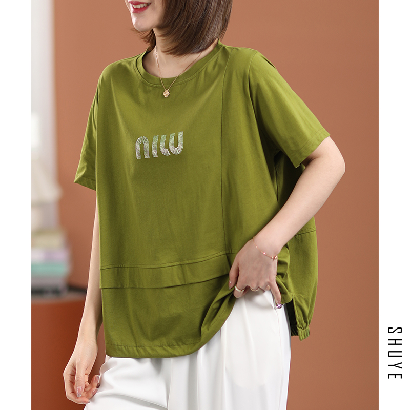 烫钻字母短袖T恤女夏季新款休闲宽松显瘦百搭全棉圆领