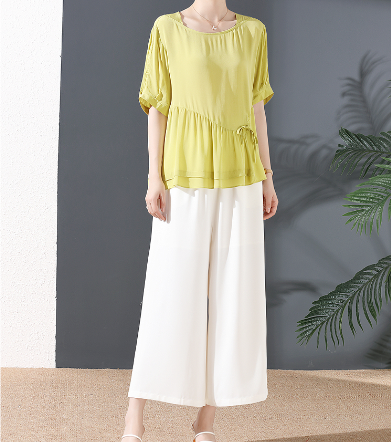 天丝上衣女宽松T恤果绿衬衫短袖休闲雪纺小衫薄款夏款新款