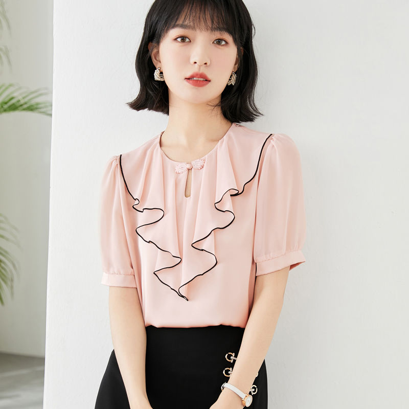 新款洋气百搭纯色荷叶边圆领套头衬衫