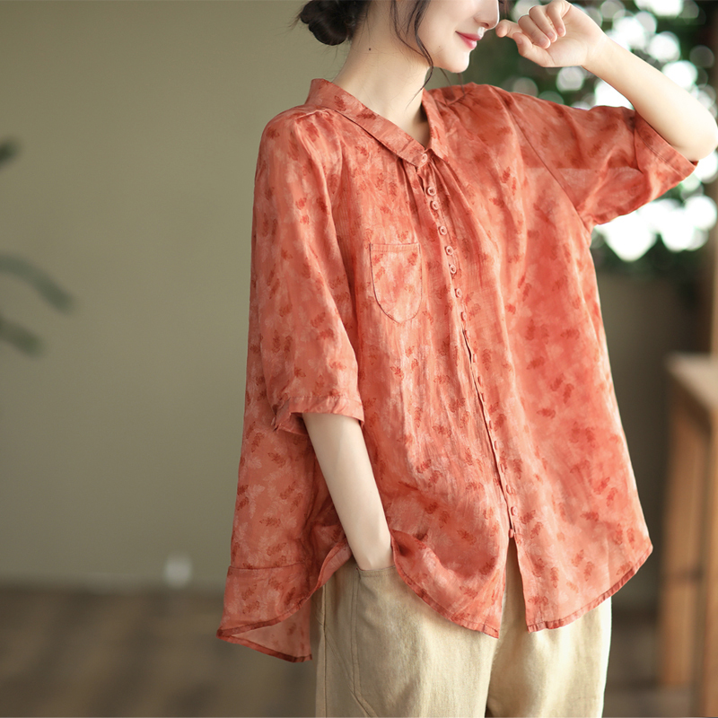 文艺印花棉麻衬衫女夏季新款宽松复古苎麻衬衣五分袖碎花亚麻上衣