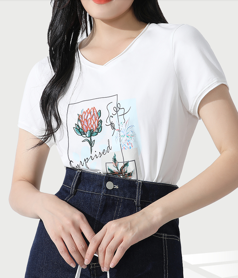 白色短t女打底印花ins修身绣花刺绣宽松莫代尔新款v领短袖夏