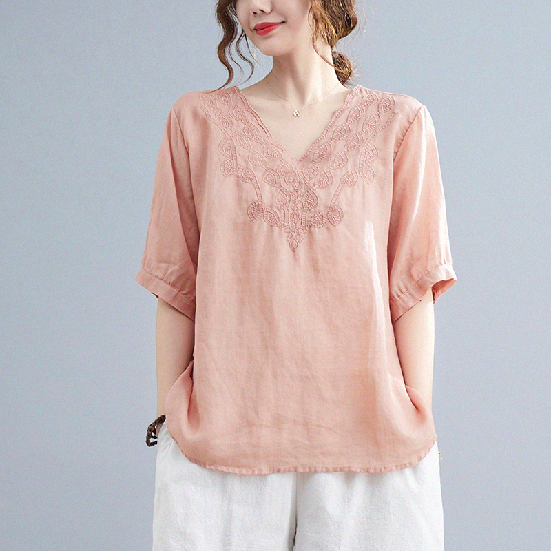 亚麻T恤女短袖夏季薄款刺绣v领棉麻上衣