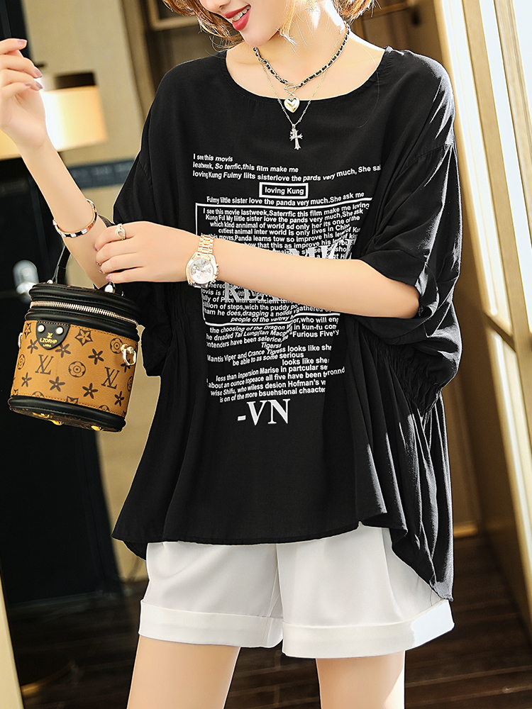 新款仿铜氨丝字母印花T恤宽松胖妹妹女装