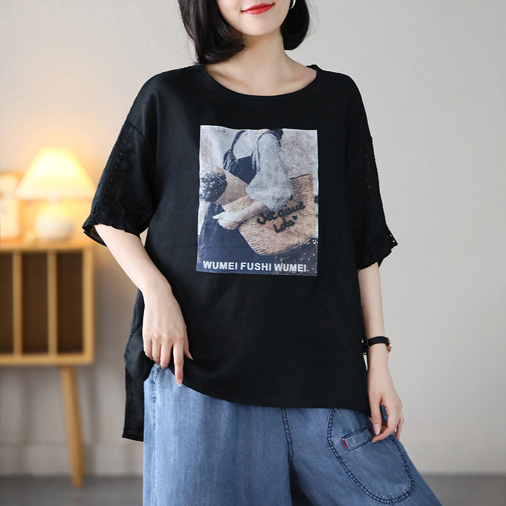 短袖女文艺圆领休闲百搭宽松镂空复古印花夏季薄款T恤