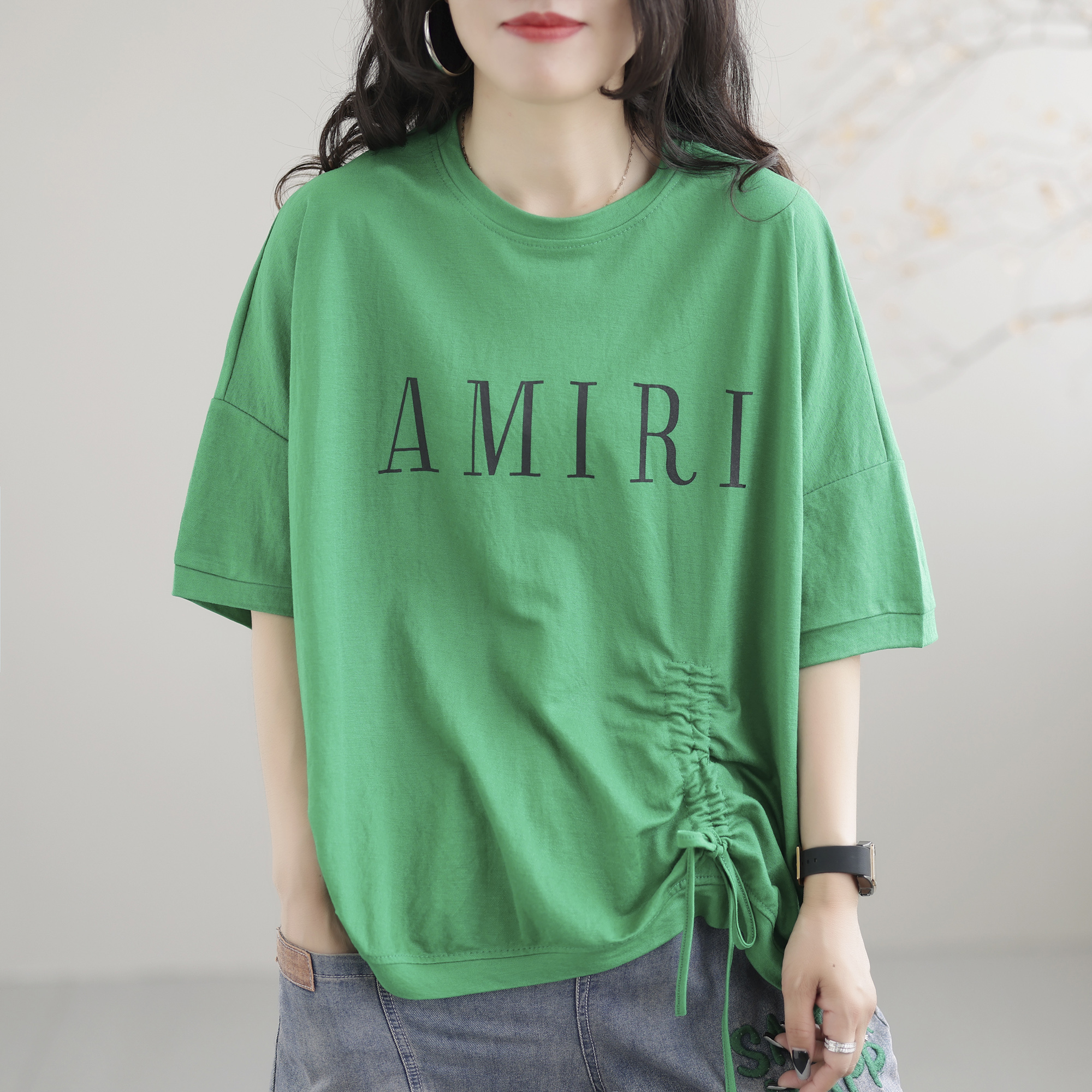 新款t恤女夏装上衣短袖宽松复古抽绳简约时尚圆领纯色棉休闲女装t