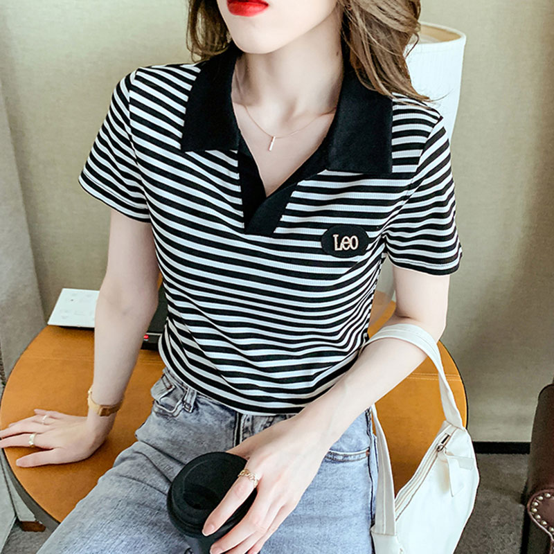 条纹短袖t恤女夏季新款韩版修身显瘦POLO领设计感小众上衣