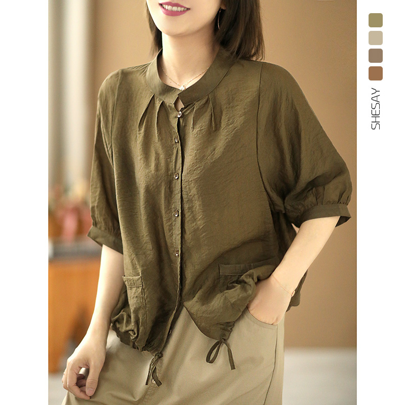 日系复古薄款天丝中袖圆领衬衫防晒衣女宽松休闲开衫
