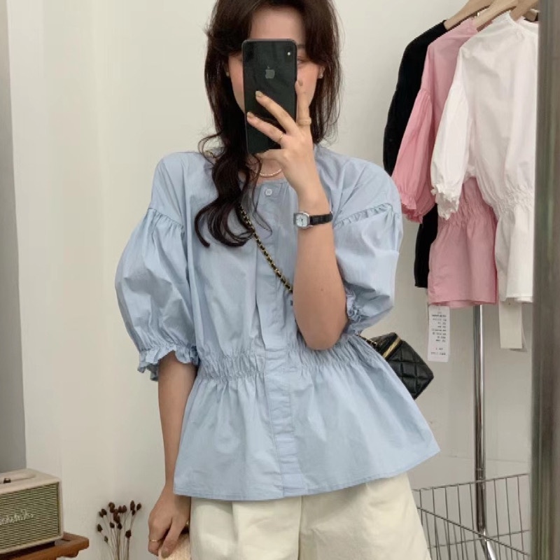 时尚褶皱收腰衬衣女夏季新款短袖衬衫韩版宽松减龄上衣