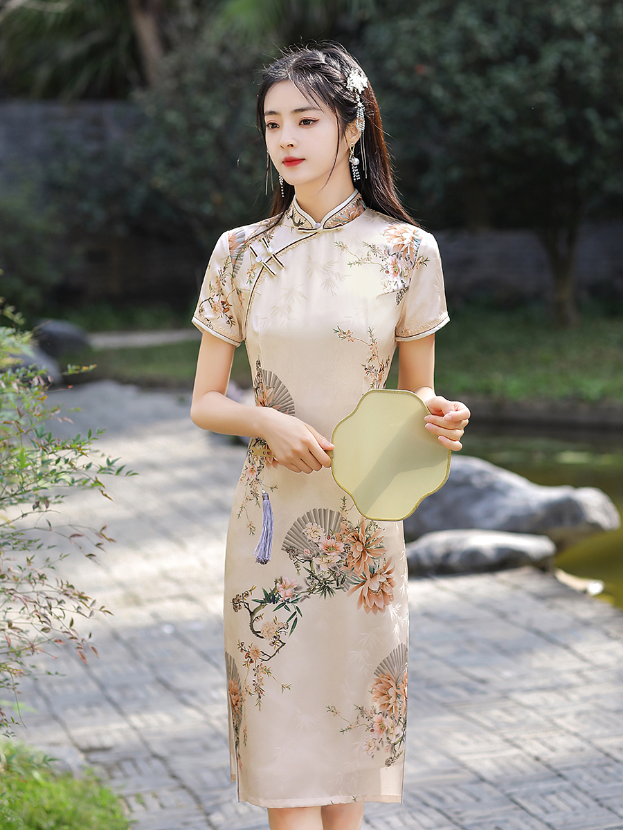 中长款旗袍复古中国风夏季改良高端立领年轻素雅连衣裙