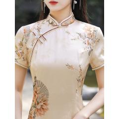 中长款旗袍复古中国风夏季改良高端立领年轻素雅连衣裙