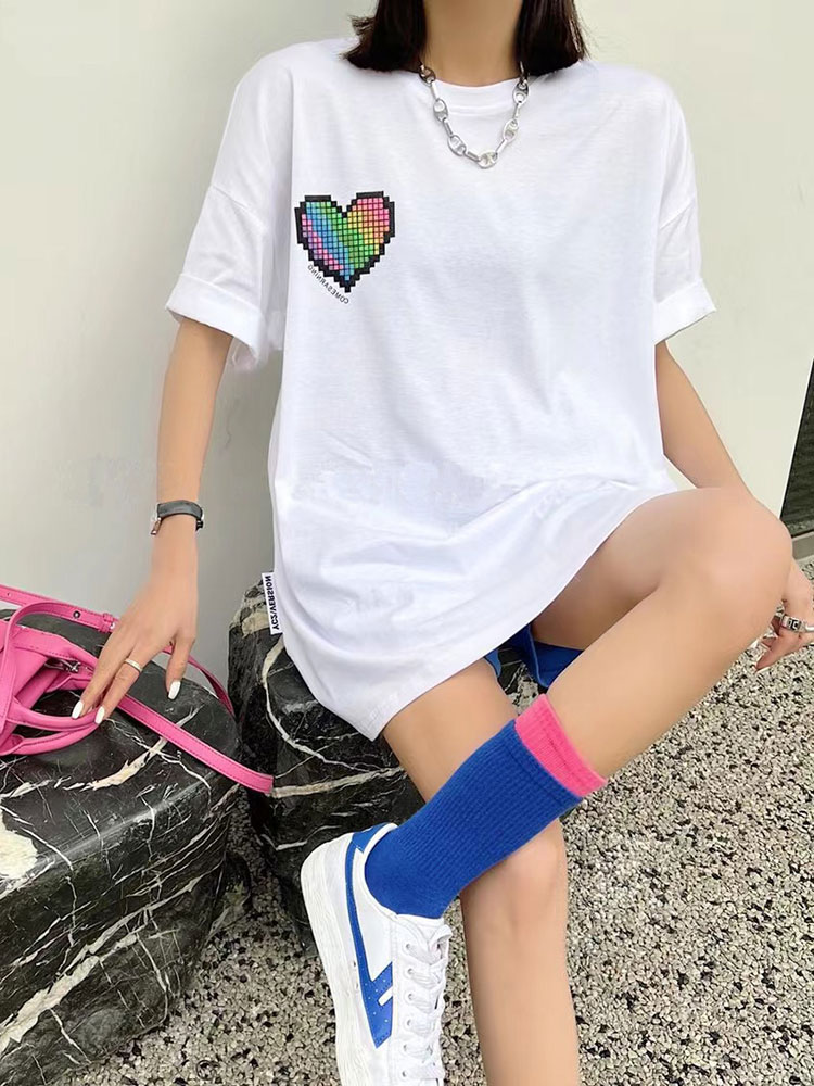 欧货爱心设计短袖T恤女夏新款韩版oversize宽松显瘦别致上衣