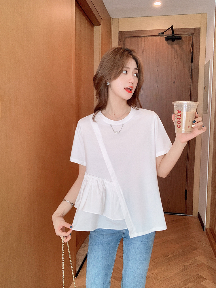 木耳边圆领短袖T恤女夏新款不规则设计感小众显瘦体恤