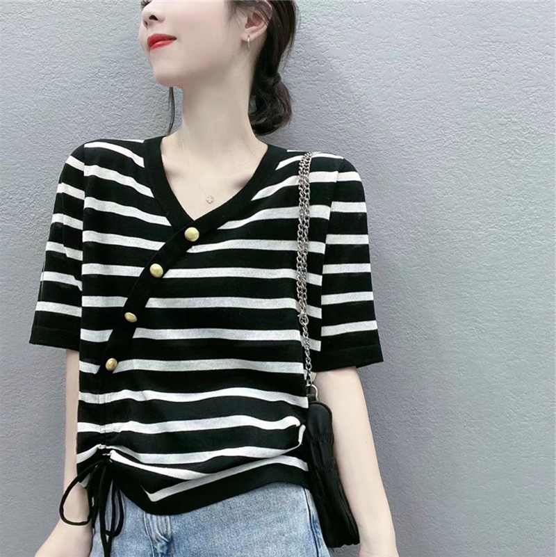 夏装V领黑白条纹时尚韩版抽绳冰丝短袖针织T恤