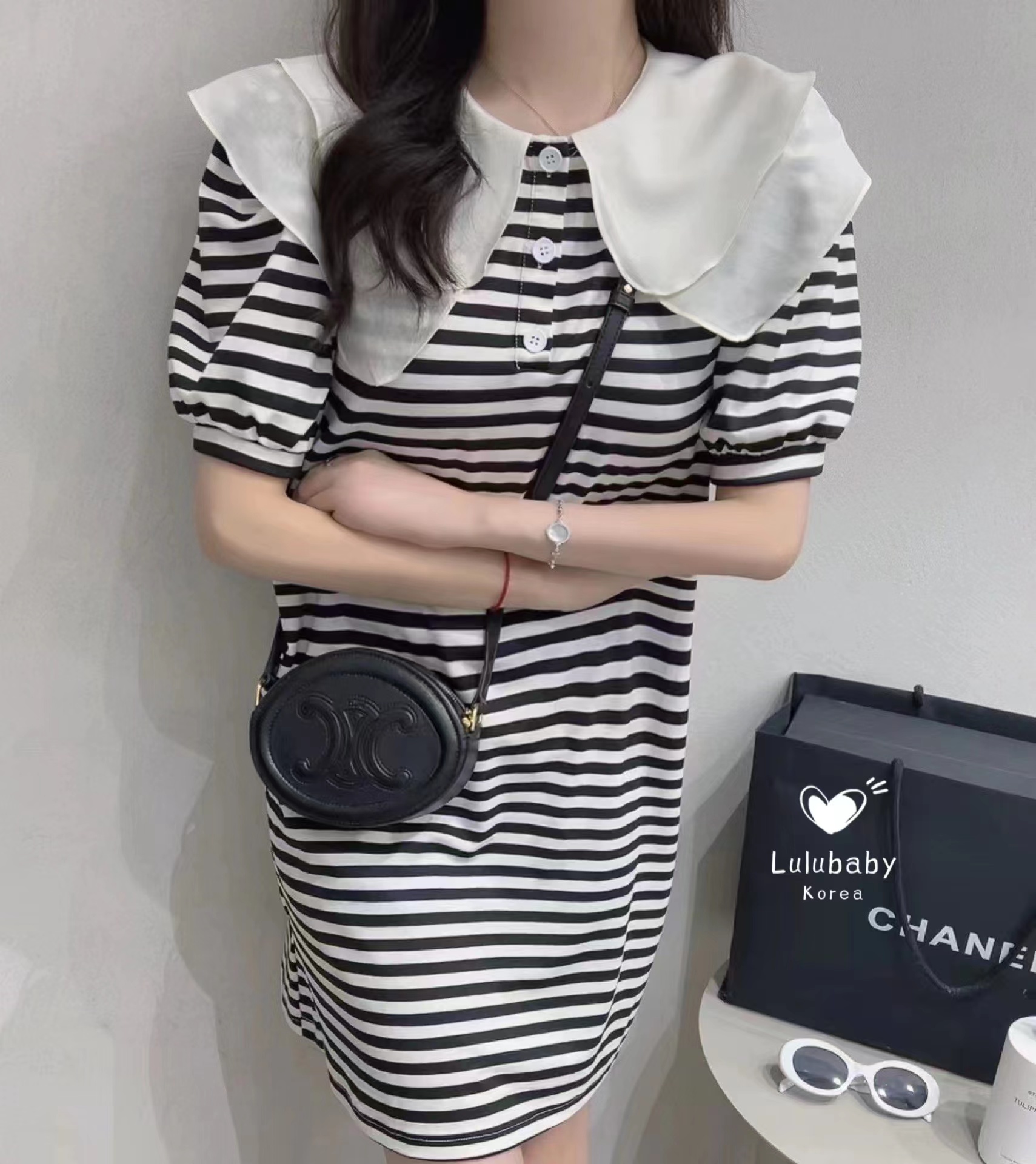 双层娃娃领时尚减龄条纹短袖连衣裙