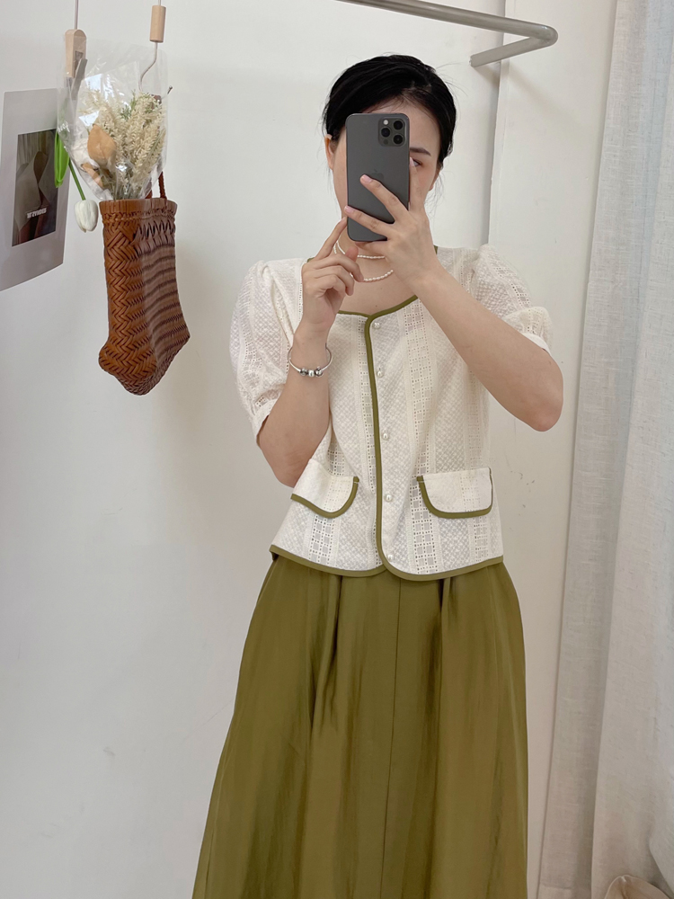 泡泡袖小香风上衣女小个子短款百搭淑女气质夏季短袖衬衫女