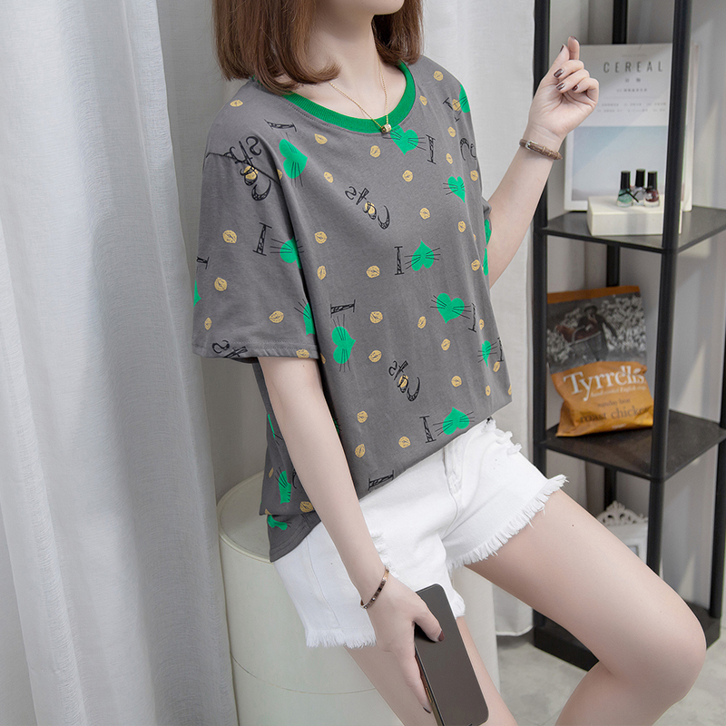 宽松遮肚显瘦印花百搭打底衫女大码遮肚减龄短袖t恤夏季上衣