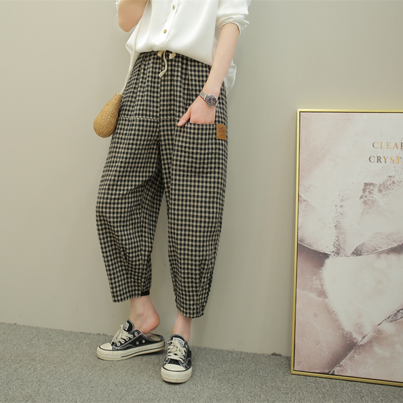 夏季高腰哈伦小脚九分垮裤棉麻亚麻格子宽松大码萝卜裤子显瘦女薄
