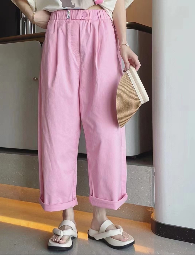 夏装新款高腰显瘦松紧腰卷边九分休闲裤直筒裤女工装裤
