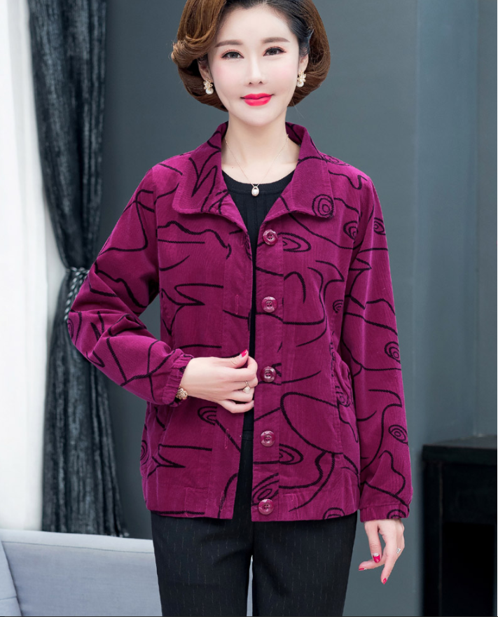 妈妈灯芯绒全棉外套女春秋中老年中年人秋冬老人条绒加厚纯棉风衣